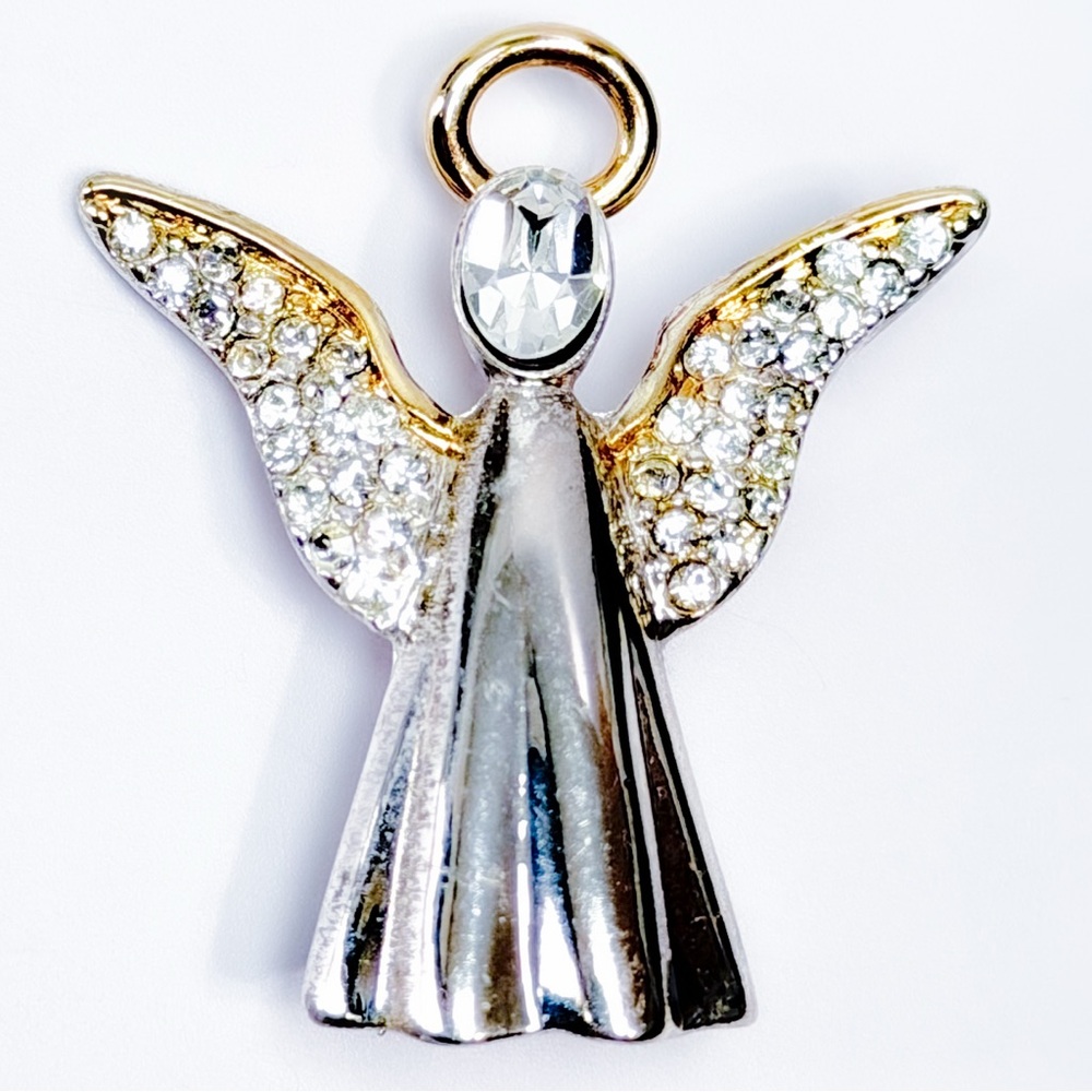 Monet Angel Brooch in Silver and Gold Tones with Clear Crystals